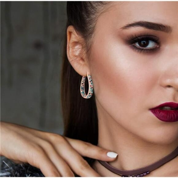 Gold Crystal Hoop Earrings for Women Oval Inside Out Sparkly Hypoallergenic - Picture 4 of 6